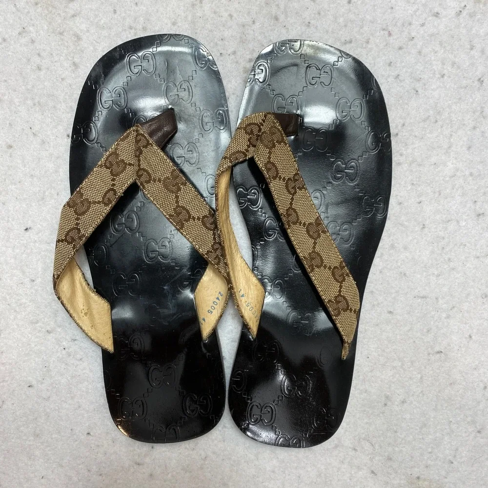 Gucci Sandals Mens 41 Black Brown Iconic GG Monogram Canvas Thong Flip Flop - Picture 4 of 11